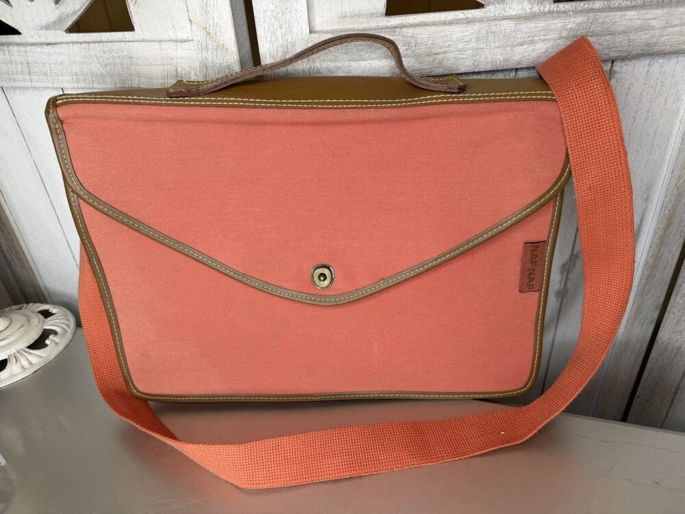 VTG NAF NAF Messenger Bag Top Handle Coral Orange Shoulder Strap Snap Closure